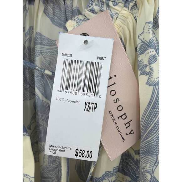 Philosophy Republic Clothing Size XS Floral Ruffle Sleeve Blouse Ivory Blue New - Picture 3 of 8